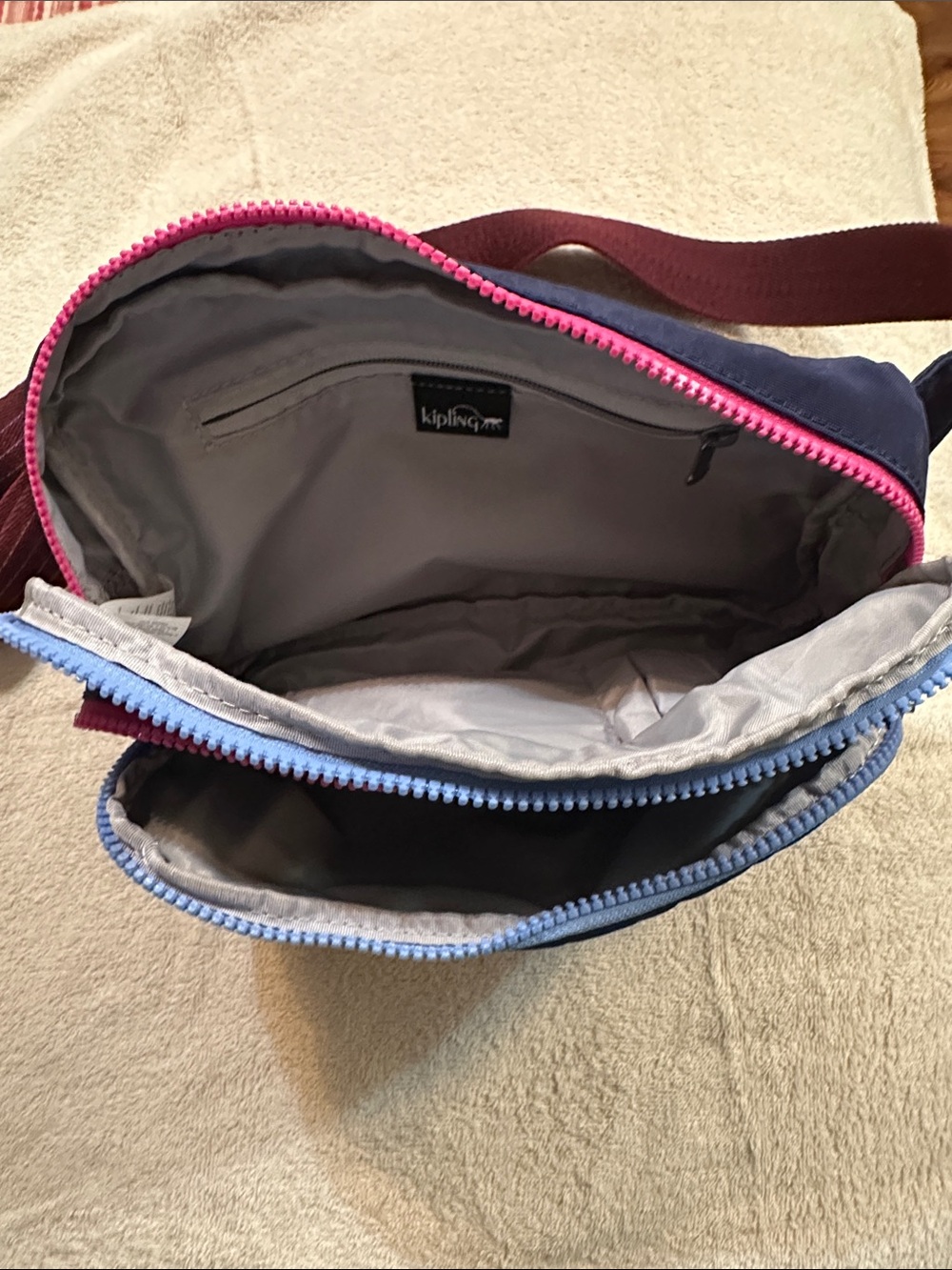 Kipling Navy and Pink Crossbody Bag with Burgundy Strap - Picture 7 of 10